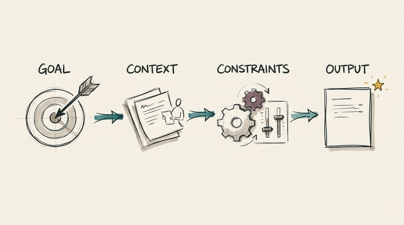Sketch of a prompt structure: goal, context, constraints, output